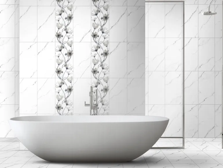 Marble Bathroom Design with Statuario Bianco Tiles & Stylish Bathtub